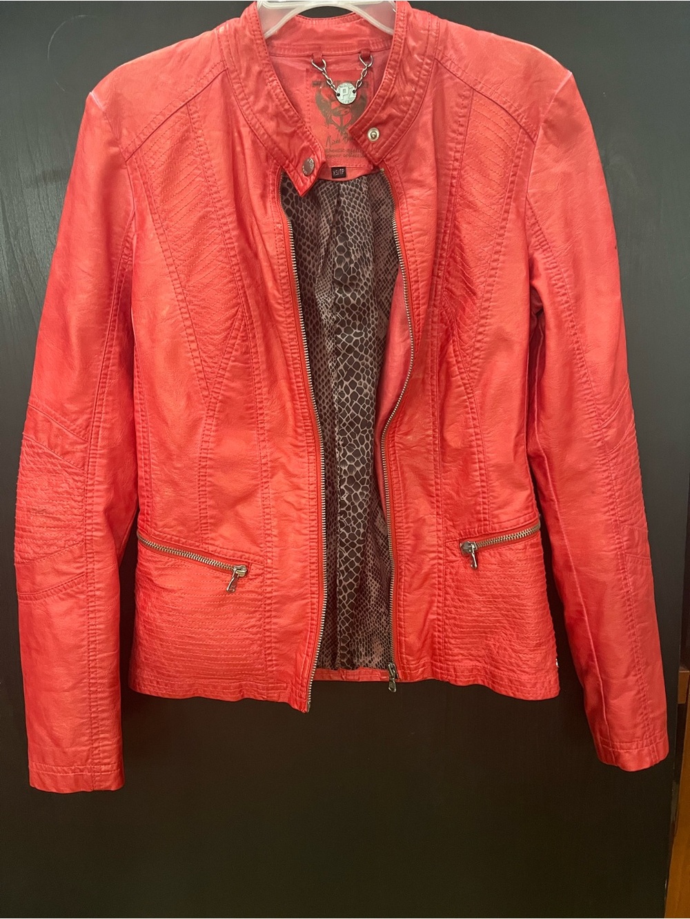 POINT ZERO Coral-Red Faux Leather Moto Jacket
